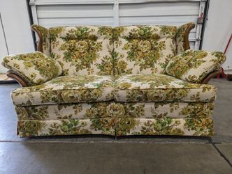 Vintage Floral Upholstered Two-Seater Sofa with Wood Accents