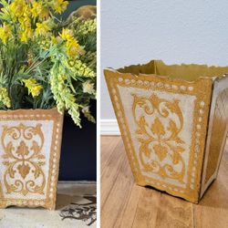 Vintage Italian Florentine Gold Leaf Gilt Wooden Planter Pot Storage WasteBasket