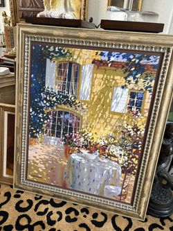 BIG 46.5” X 39” Beautiful Wood Framed Colorful Wall Art Like New.  European Cafe Street Scene. Lots Of Depth. 