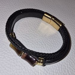 Men’s Braided Leather Tiger Eye Bracelet Gold Clasp