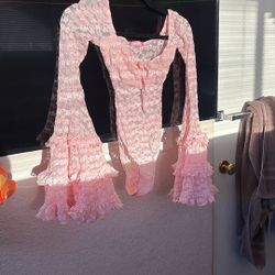 Ruffle, low-cut, pink see-through bodysuit lingerie