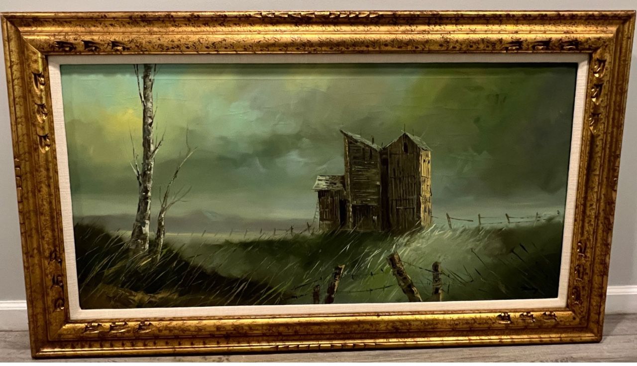 VINTAGE THOMAS R MANLEY LARGE OIL PAINTING ABANDONED BARN