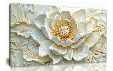 White Floral Wall Art for Living Room Gold Flower Picture 20x40