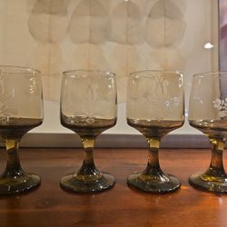 Vintage Brown Glass Goblets – Set of 4 (Etched, Pfaltzgraff USA)