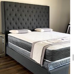 Brand New Queen Size Dark Grey 6foot Tall Bed Frame With New Mattress/Fast Delivery