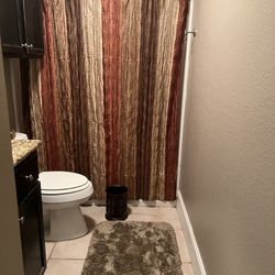 Shower Curtain, Hooks, Trash Cans And Rug 