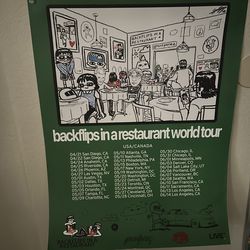 Grent Perez backflips in a restaurant world tour poster