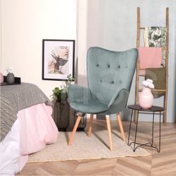 Homy Casa KAS Velvet Green Wingback Accent Armchair, Upholstered Reading & Lounge Chair with Wood Legs for Living Room, Bedroom & Office Open Box