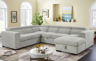 123" Oversized Modern U-Shaped 7-Seat Sectional Sofa – Adjustable Headrest, Sofa Bed with Storage Chaise, Pull-Out Couch Bed Light Gray