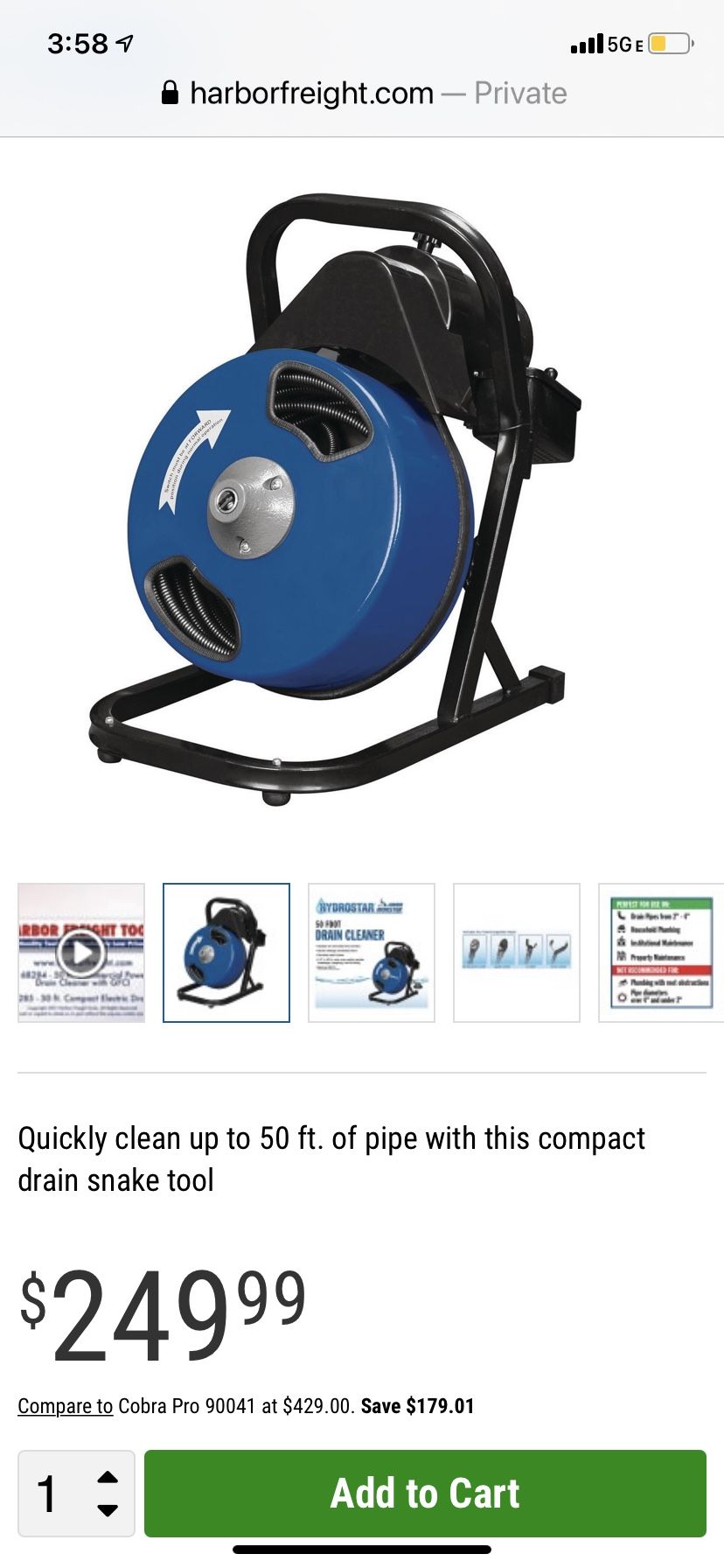 Harbor freight Drain Cleaner 50 Ft for Sale in Spring Valley, CA