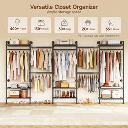H5 Wall Mounted Closet System, Industrial Pipe Clothes Rack, Black Clothing Rack with 4 Telescopic Rods & 3 Fixing Rods & 9 Shelves, Heavy Duty Closet