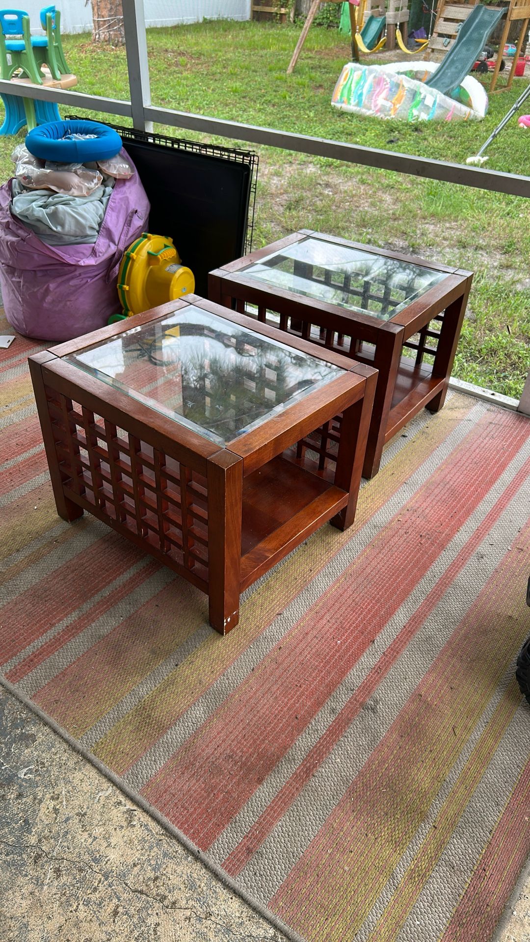 Set of Wood And Glass end Tables 