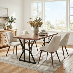 Homy Casa LEONARD+KALI 5PC Dining Set 63" Table with 4 Beige Fabric Chairs Walnut Metal Legs