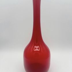 Cherry Red Hand Blown Glass Vase w/ Skinny Neck