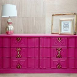 Hollywood Regency Dresser  TV Stand Credenza  Hot Pink Gold  Fuschia