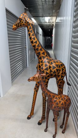 Vintage Large Wood And Leather Giraffe Statues Mom & Calf Beautiful And Unique