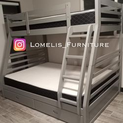 Twin/Full Gray Bunk bed w. Drawers & Ortho Mattresses Included 