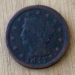 1847 USA Braided Hair Large Cent Coin ~ Liberty Head One Cent