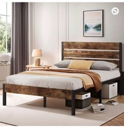 Lifezone Full Bed Frame with Rustic Wood Headboard