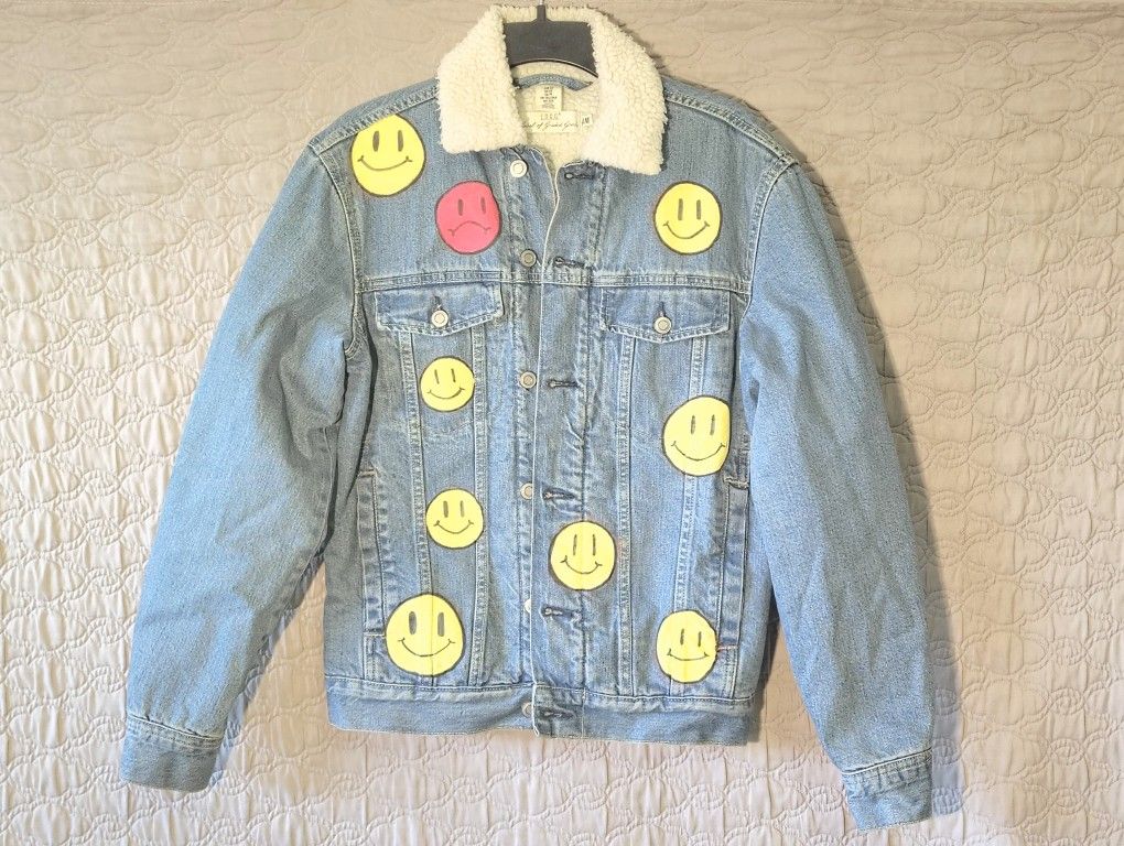 xS Faux Shearling Lined Mens Emoji Smiley Faces 1 Red Sad Face H&M Denim Jacket