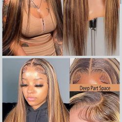 Ombre 13x6 Lace Front Wigs Hair Pre Plucked 180% Density Honey Blonde HD Transparent Straight Lace Frontal Wigs with Baby Hair #4/27 Colored Glu