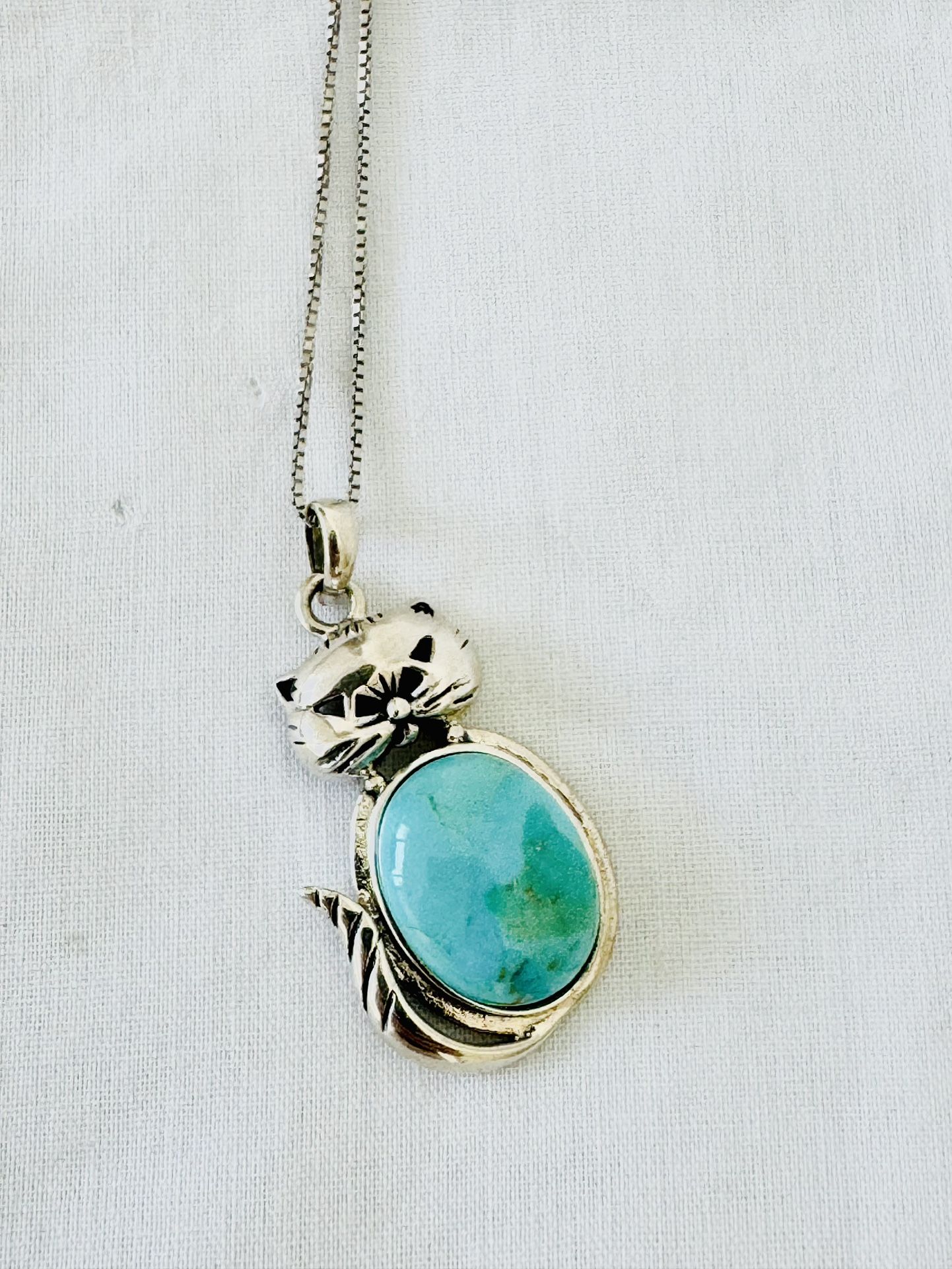 Sterling Silver & Turquoise Kitty Cat Necklace W/ Chain, 925 Made In Thailand