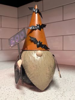 Metal Halloween Gnome Holding Sign