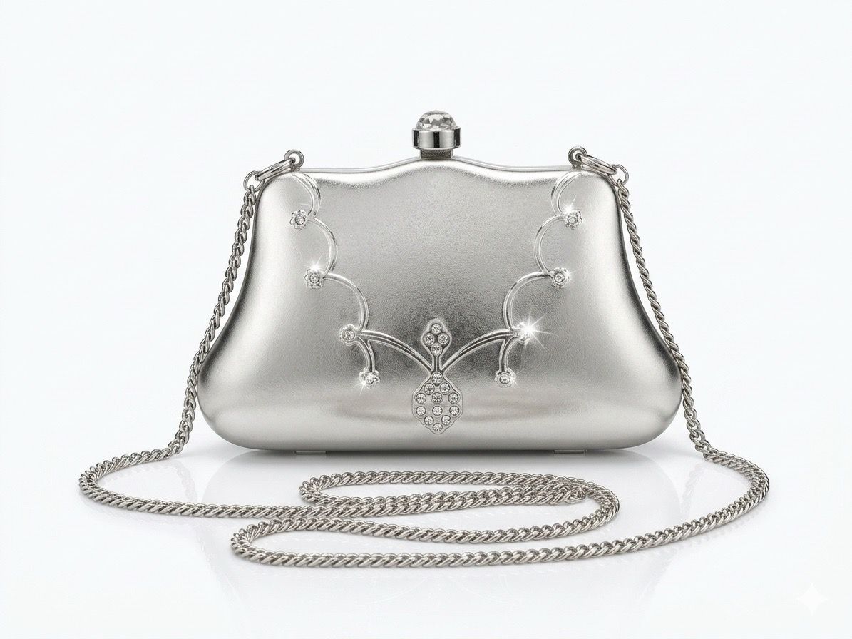 Small Vintage Silver Metal Minaudière / Micro Clutch Bag with Rhinestones