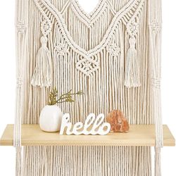 Macrame Wall Hanging Shelf Boho Decor Wood Floating Shelf for Bedroom Living Room Nursery Bathroom, Handmade Woven Rope Storage Rack for Photo Frames 