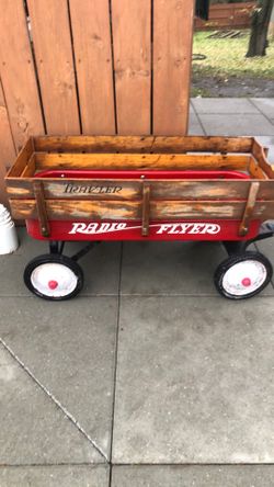 Vintage Radio Flyer Metal ( With Wood Rail) Trav-Ler Wagon And Still Rolls Great!