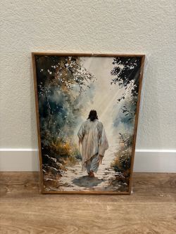 Framed Jesus Walking Path Print – Watercolor Religious Wall Art, Wood Frame