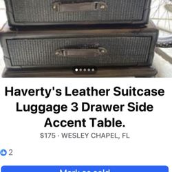 Haverty's Leather Suitcase Luggage 3 Drawer Side Accent Table.