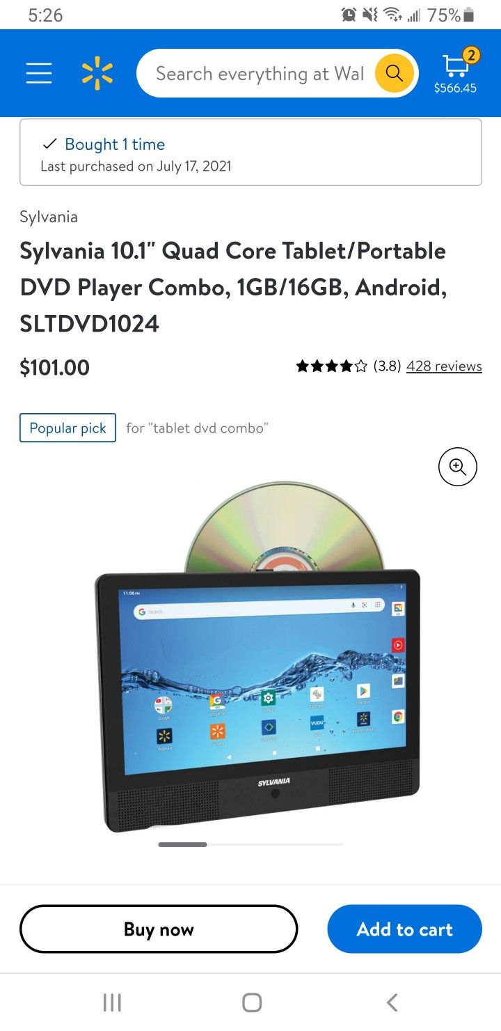 Sylvania 10.1" Quad Core Tablet/Portable DVD Player Combo, 1GB/16GB, Android, SLTDVD1024