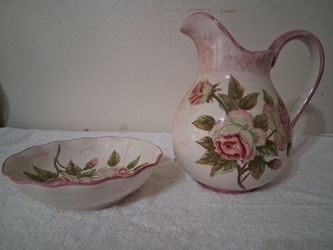 Ceramic Pitcher and Bowl Set with Rose Floral Design