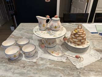 Hand Painted Ceramic Cake Plate With Plates, Bowls And server 