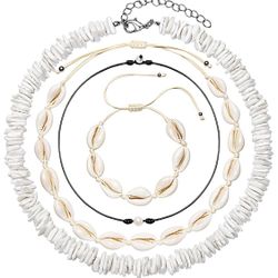 Brand New! 4 PCs Shell Necklace for Women Natural Pearl Choker Necklace Adjustable Seashell Necklace Cowrie Shell Bracelet Beach Boho Jewelry Set for