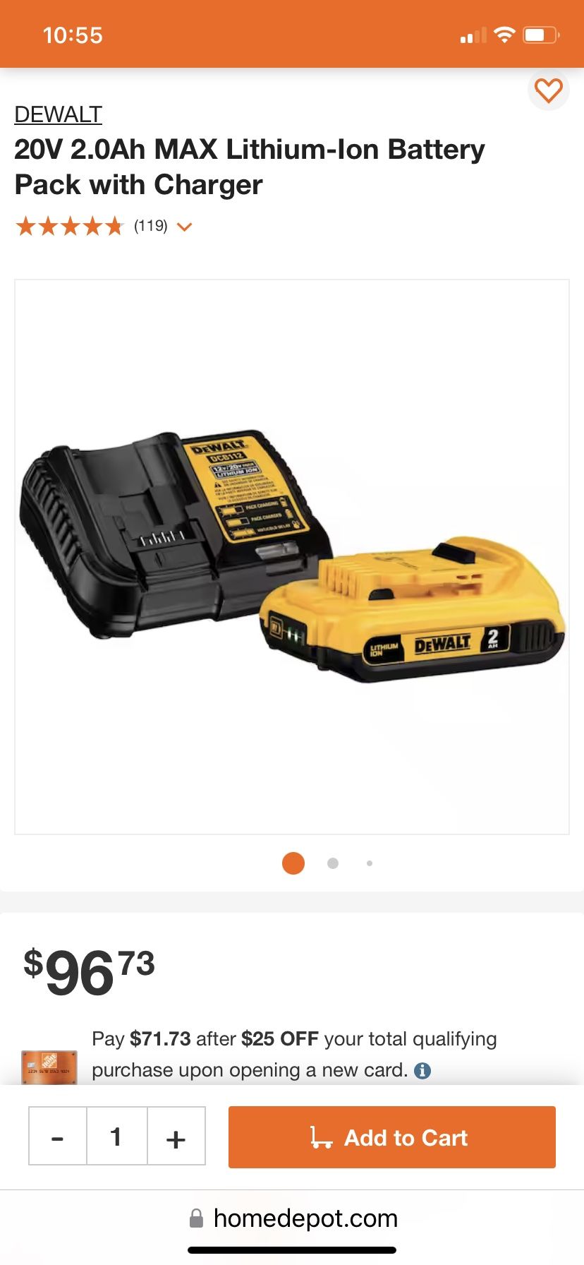 DEWALT 20V 2.0Ah MAX Lithium-Ion Battery Pack with Charger