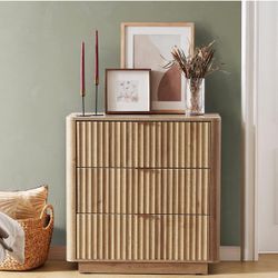 1005-OA Brooklyn 3 Drawer Dresser for Bedroom, Mid Century Modern Chest of Drawers, Wood Tall Nightstand, Waveform Fluted Side Table, Enhanced Safety,