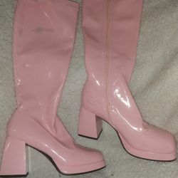 JEDKARAR Go-go Boots For Women With Square Toe Side Zipper And Chunky Heel Design Pink