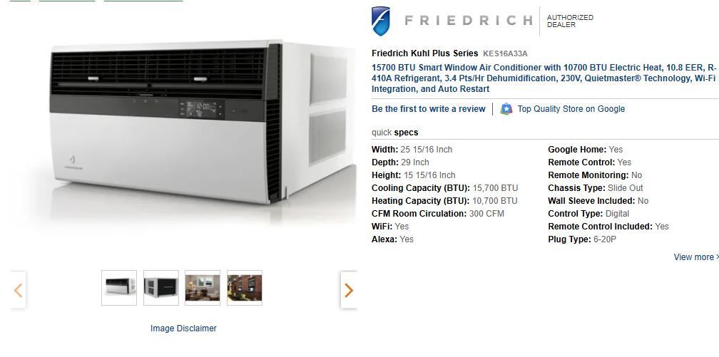 Friedrich Window AC 15700 BTU Smart Air Conditioner with Electric Heat - Model : KES16A33A - MSRP 1549