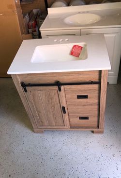 30” Bathroom Aged Oak Bath Vanity with White Stone Top