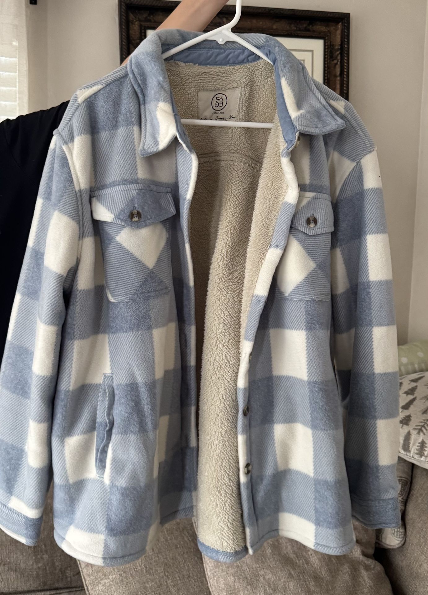 Sage Women’s Fleece Lining Plush Shirt Jacket (Blue, Large)