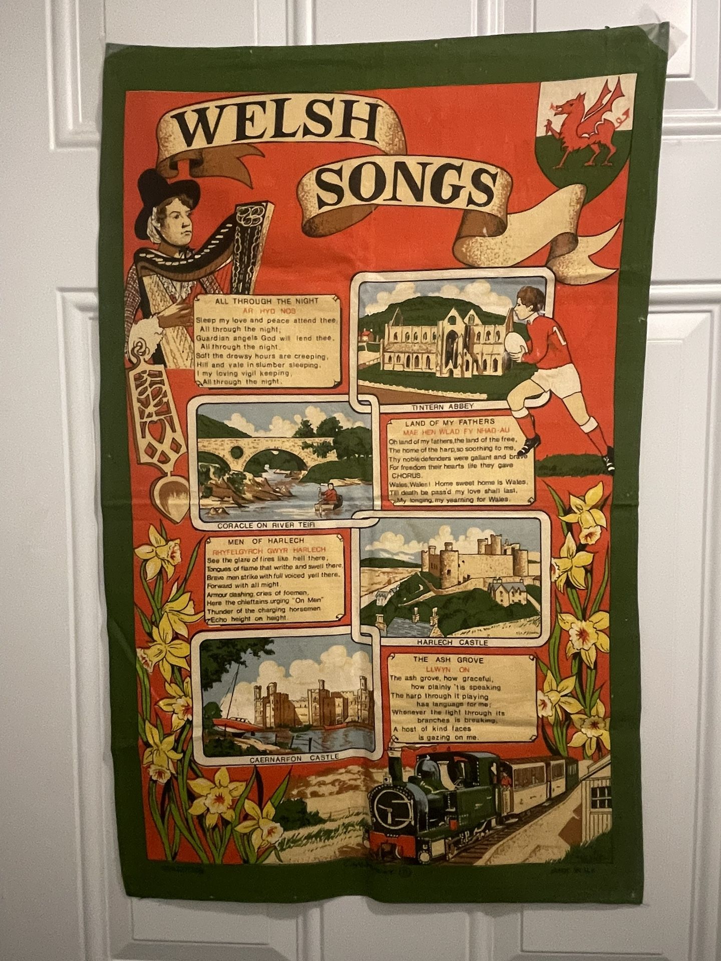 vintage Welsh tea towel or wall hanging