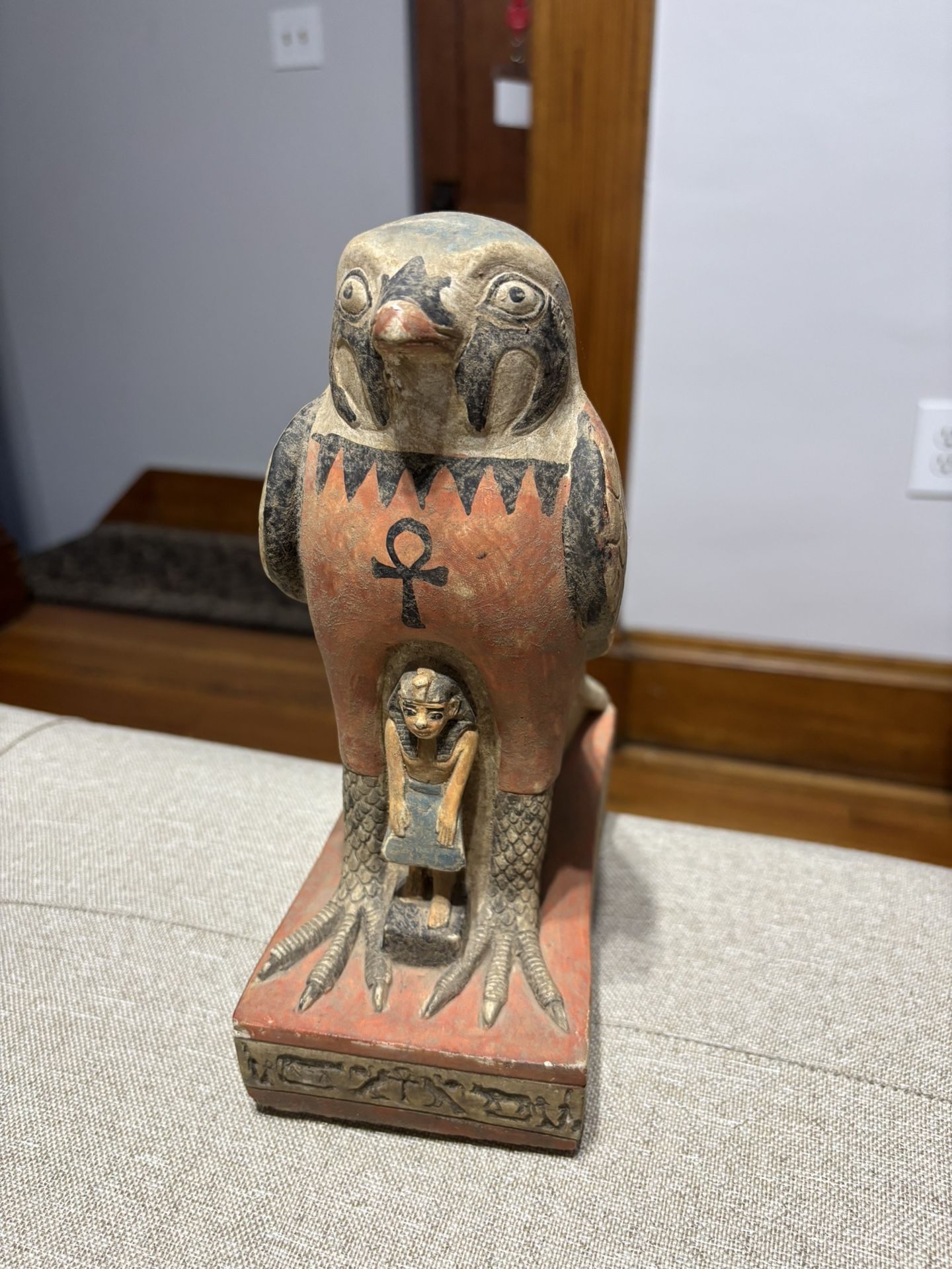 Handcrafted Egyptian Horus Statue with Hieroglyphic Base – Unique Decorative Piece