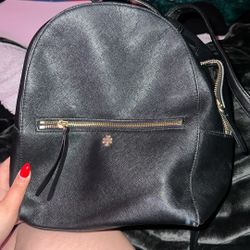 Tory Burch  Emerson Medium Backpack in black saffiano leather. 