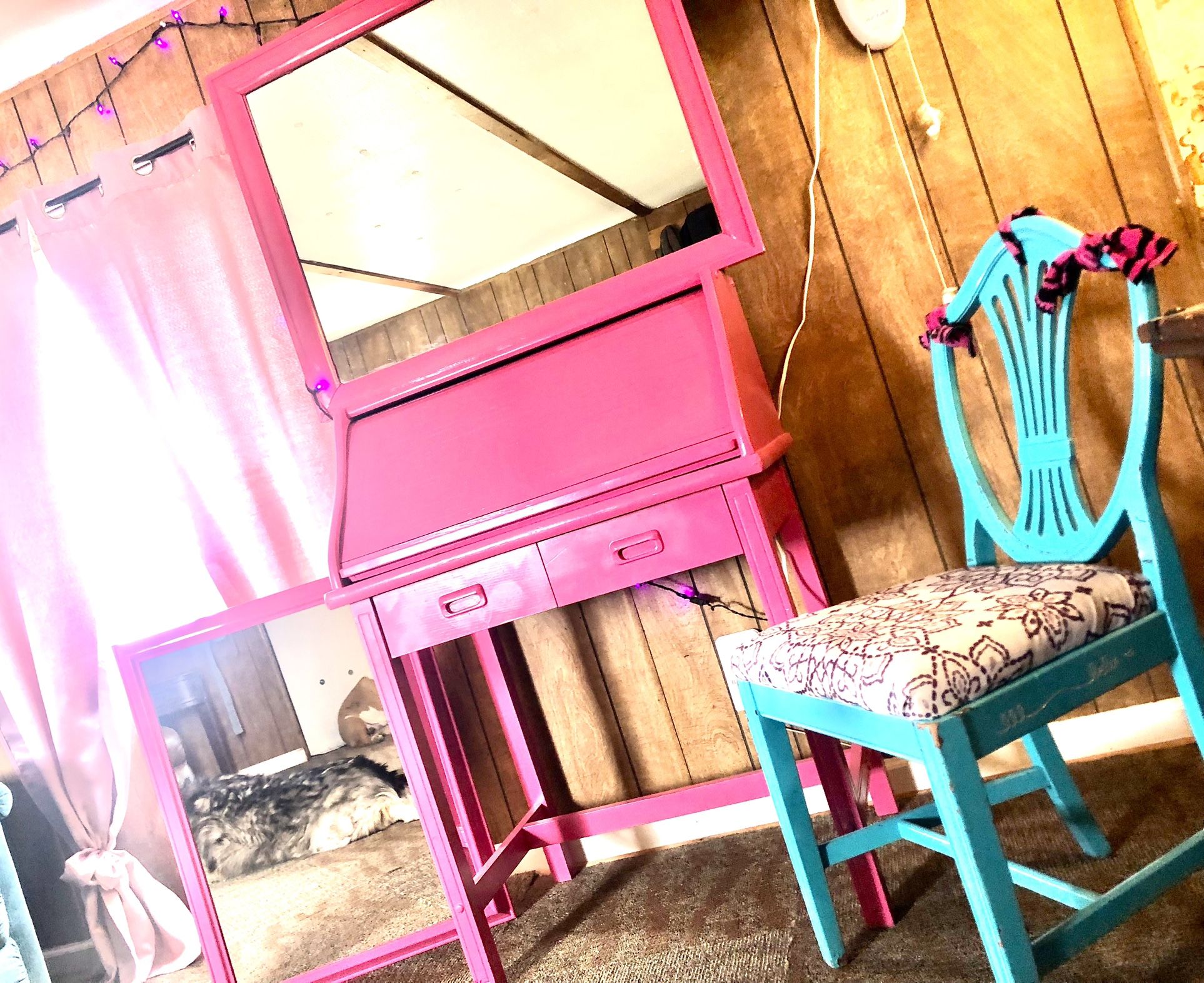 Secretary Desk/Vanity With Two Mirrors + Refinished Antique Chair 🩷