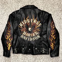Harley Davidson Ride Free Flame Embroidered Leather Jacket