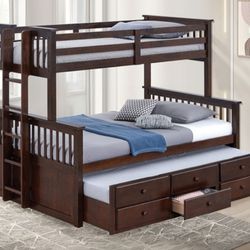Brand New Espresso Twin Over Full Bunk Bed w Trundle Bed  + Drawers 