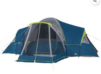 Ozark Trail 10-Person Modified Dome Tent with a front screen porch, featuring blue and gray fabric (se hable español)