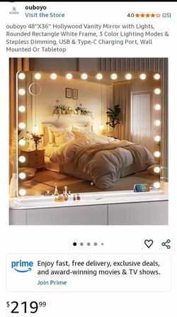NEW IN BOX-48''X36'' Hollywood Vanity Mirror with Lights, Rounded Rectangle White Frame, 3 Color Lighting Modes & Stepless Dimming, USB & Type-C Charg